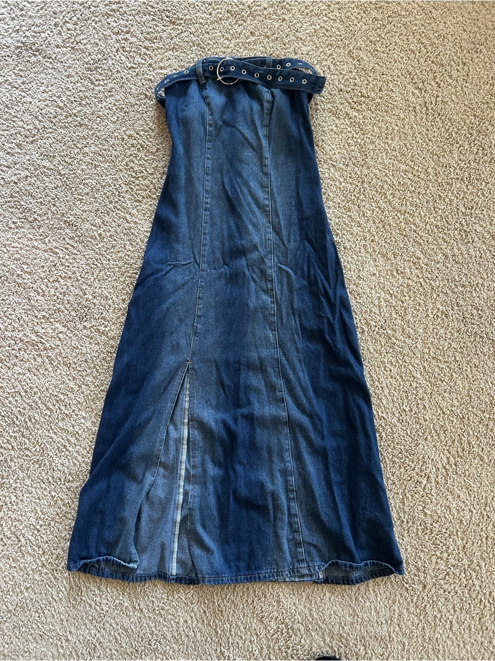 Cider Dark Blue Denim Strapless Maxi with Grommet Belt